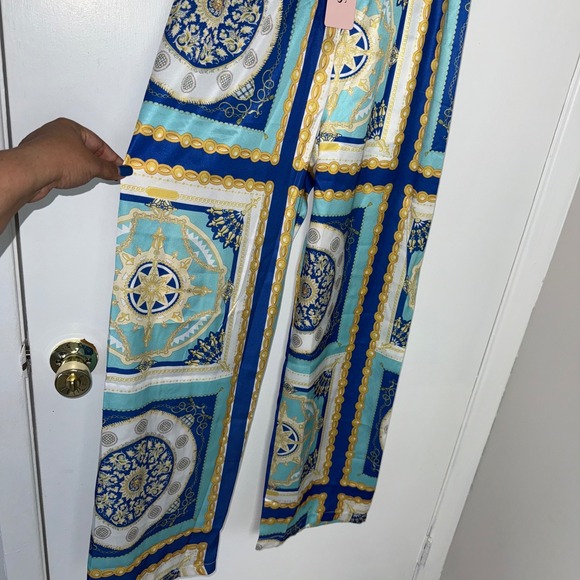 MICAS Blue‎ Gold Baroque Print Wide Leg Pants Trousers size Small - Picture 5 of 5